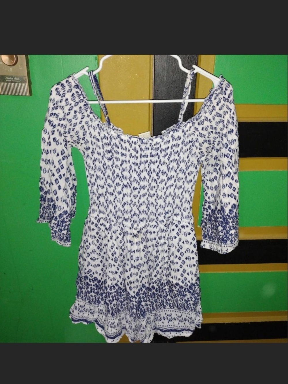 Japna Large White & Navy Blue Patterned Off-Shoulder Dress